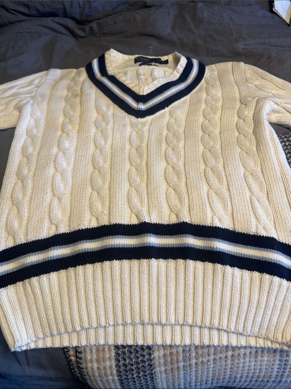 Polo by Ralph Lauren Cream Cable-Knit V-Neck Sweater with Navy Stripes